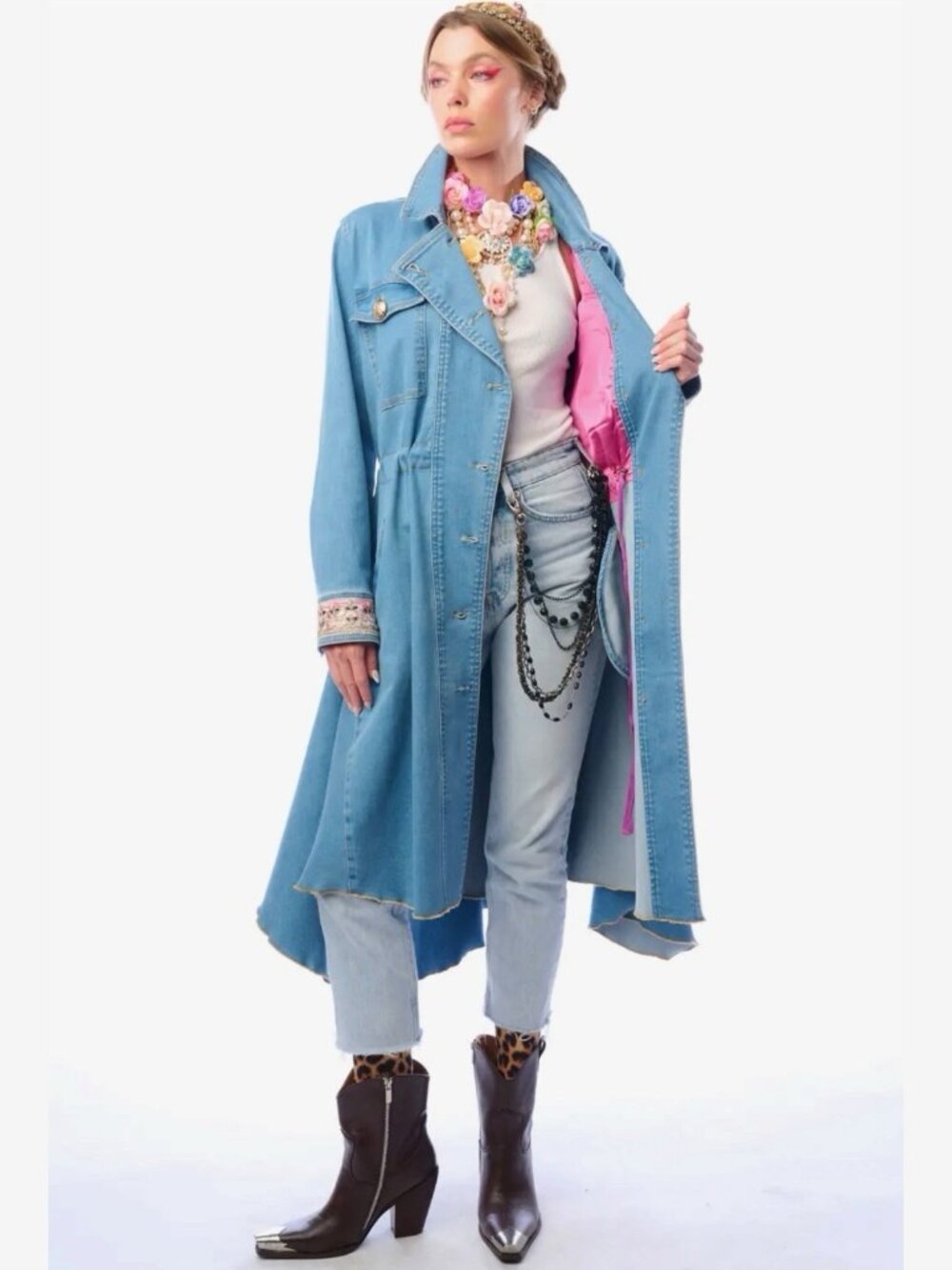 Aratta Monte Carlo Denim Hi-Low Long Coat Blue Decorative Brooch Size S M L - Picture 4 of 15